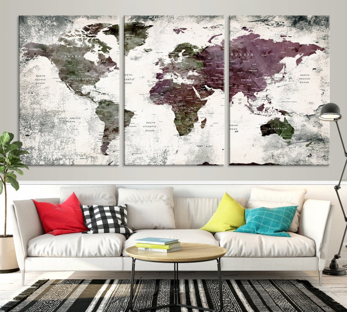 Extra Large Push Pin World Map Canvas Wall Art Detailed Travel Map Print