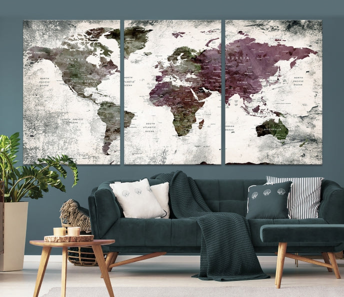 Extra Large Push Pin World Map Canvas Wall Art Detailed Travel Map Print