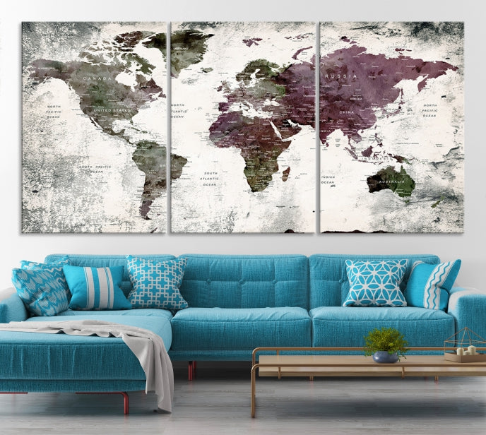 Extra Large Push Pin World Map Canvas Wall Art Detailed Travel Map Print