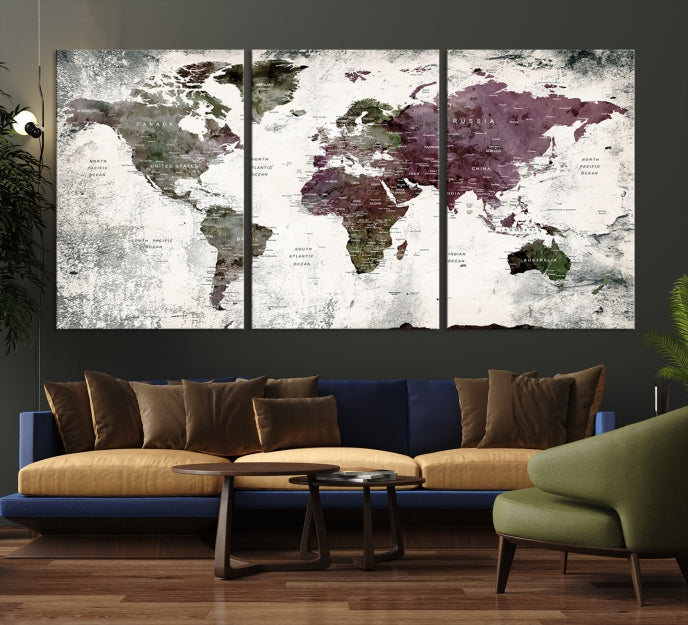 Extra Large Push Pin World Map Canvas Wall Art Detailed Travel Map Print