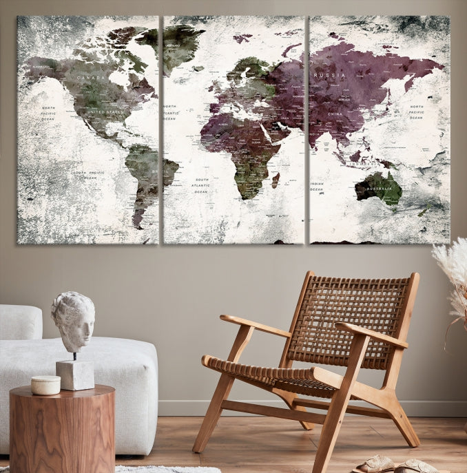 Extra Large Push Pin World Map Canvas Wall Art Detailed Travel Map Print