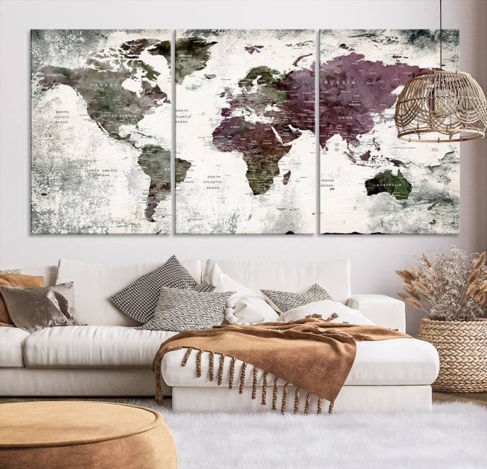 Extra Large Push Pin World Map Canvas Wall Art Detailed Travel Map Print