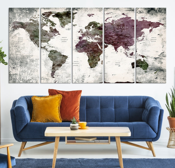 Extra Large Push Pin World Map Canvas Wall Art Detailed Travel Map Print