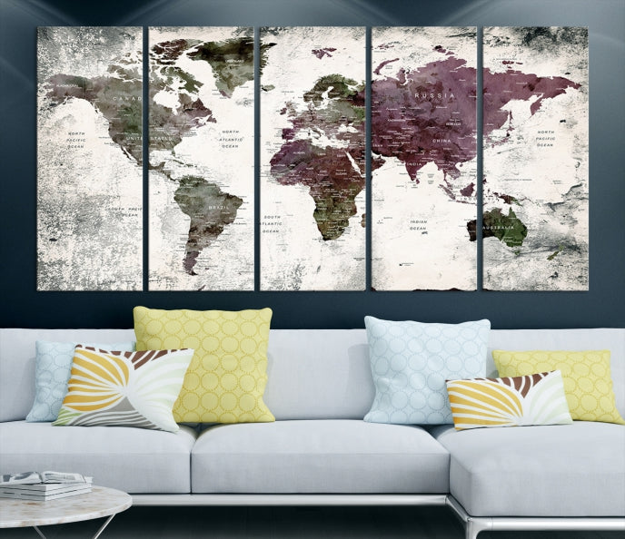 Extra Large Push Pin World Map Canvas Wall Art Detailed Travel Map Print