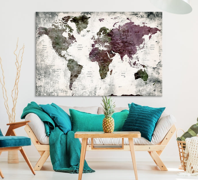 Extra Large Push Pin World Map Canvas Wall Art Detailed Travel Map Print