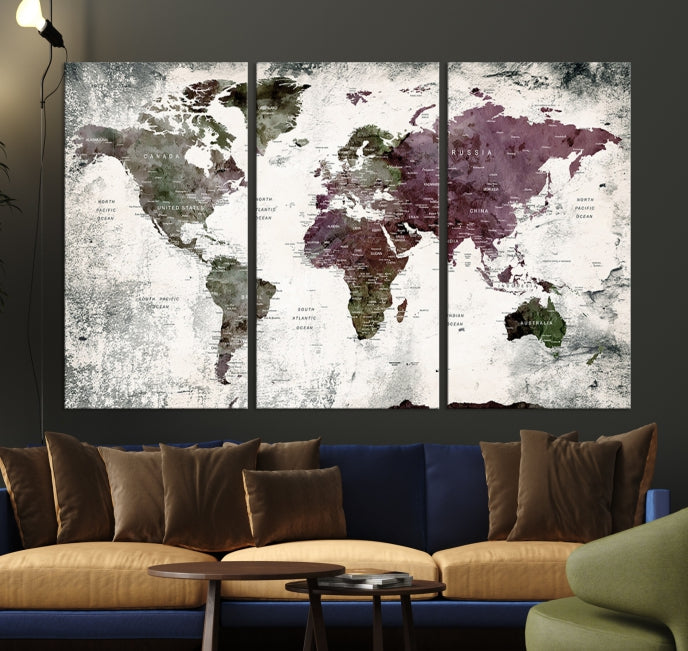 Extra Large Push Pin World Map Canvas Wall Art Detailed Travel Map Print