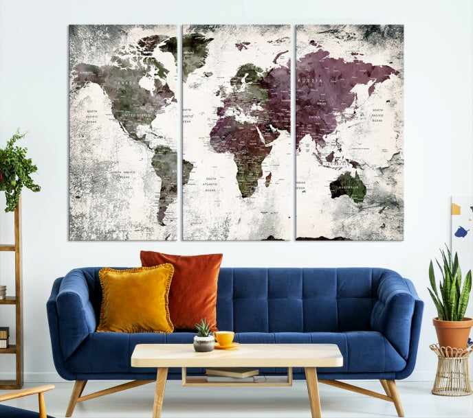 Extra Large Push Pin World Map Canvas Wall Art Detailed Travel Map Print