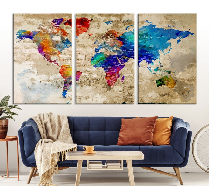 Extra Large Push Pin World Map Framed Detailed Travel Map Canvas Wall Art Print