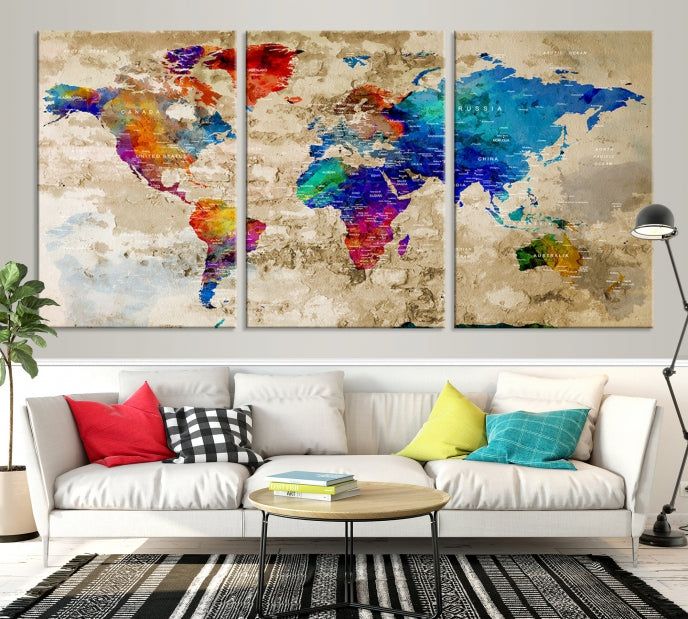 Extra Large Push Pin World Map Framed Detailed Travel Map Canvas Wall Art Print