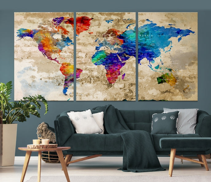 Extra Large Push Pin World Map Framed Detailed Travel Map Canvas Wall Art Print