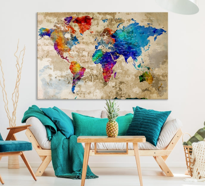 Extra Large Push Pin World Map Framed Detailed Travel Map Canvas Wall Art Print