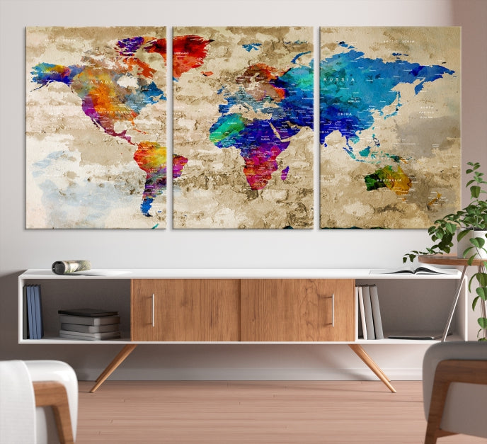 Extra Large Push Pin World Map Framed Detailed Travel Map Canvas Wall Art Print