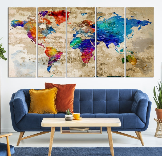 Extra Large Push Pin World Map Framed Detailed Travel Map Canvas Wall Art Print