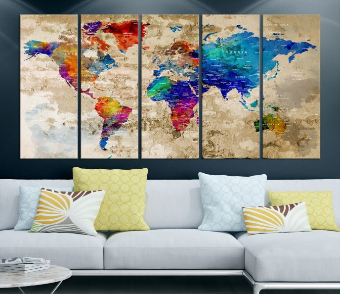 Extra Large Push Pin World Map Framed Detailed Travel Map Canvas Wall Art Print