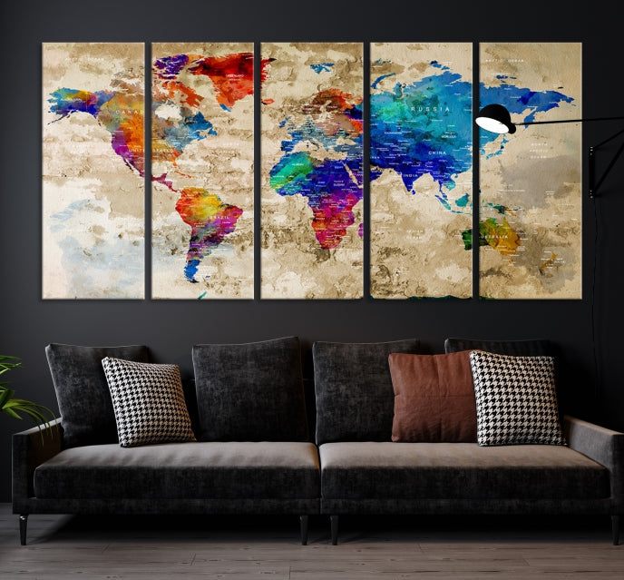 Extra Large Push Pin World Map Framed Detailed Travel Map Canvas Wall Art Print