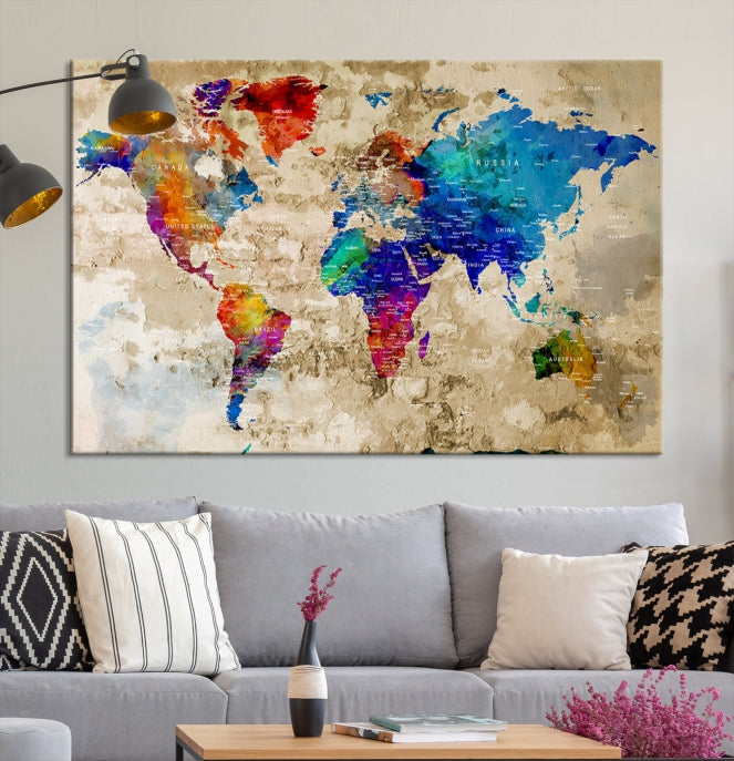 Extra Large Push Pin World Map Framed Detailed Travel Map Canvas Wall Art Print