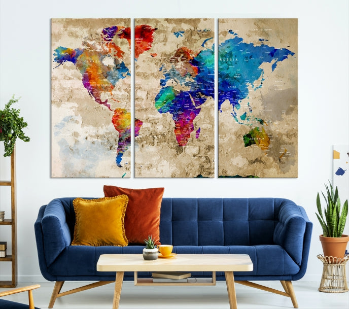 Extra Large Push Pin World Map Framed Detailed Travel Map Canvas Wall Art Print