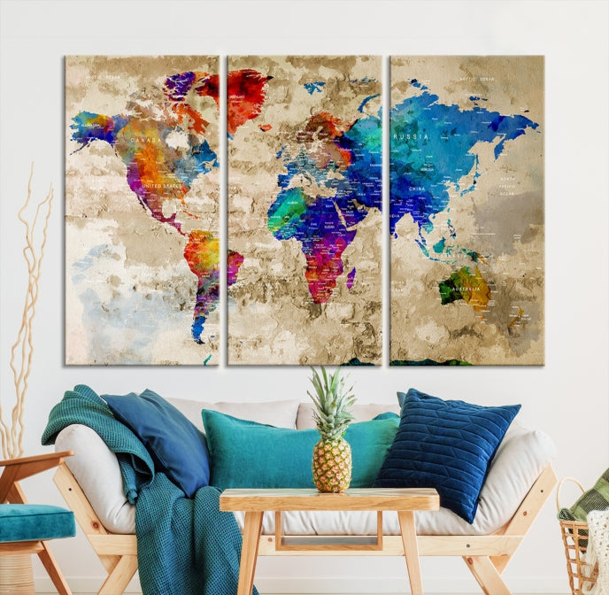 Extra Large Push Pin World Map Framed Detailed Travel Map Canvas Wall Art Print