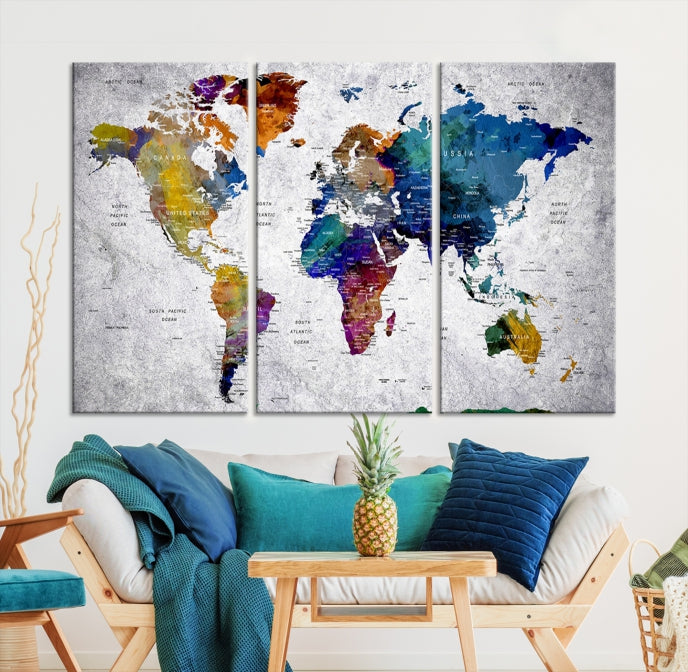 Extra Large Push Pin World Map Wall Art Canvas Print Birthday Traveler Gift