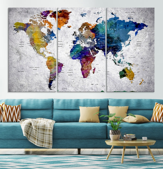 Extra Large Push Pin World Map Wall Art Canvas Print Birthday Traveler Gift