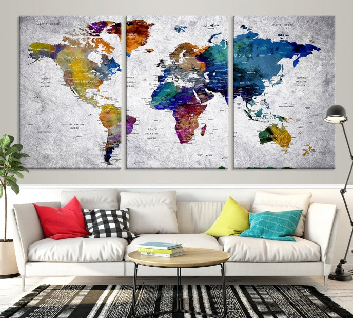 Extra Large Push Pin World Map Wall Art Canvas Print Birthday Traveler Gift