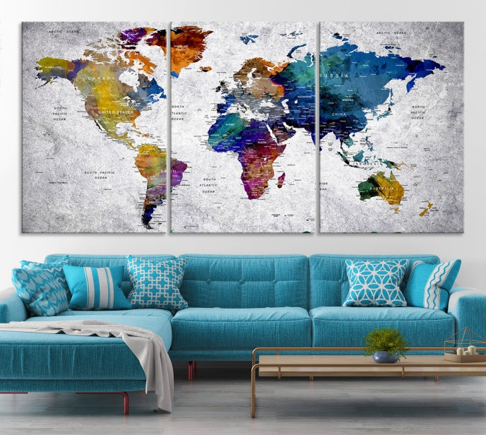 Extra Large Push Pin World Map Wall Art Canvas Print Birthday Traveler Gift