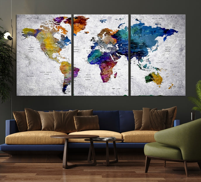 Extra Large Push Pin World Map Wall Art Canvas Print Birthday Traveler Gift