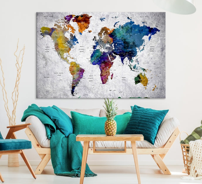 Extra Large Push Pin World Map Wall Art Canvas Print Birthday Traveler Gift