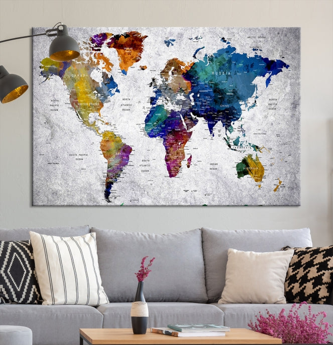 Extra Large Push Pin World Map Wall Art Canvas Print Birthday Traveler Gift