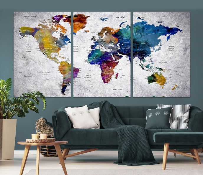 Extra Large Push Pin World Map Wall Art Canvas Print Birthday Traveler Gift