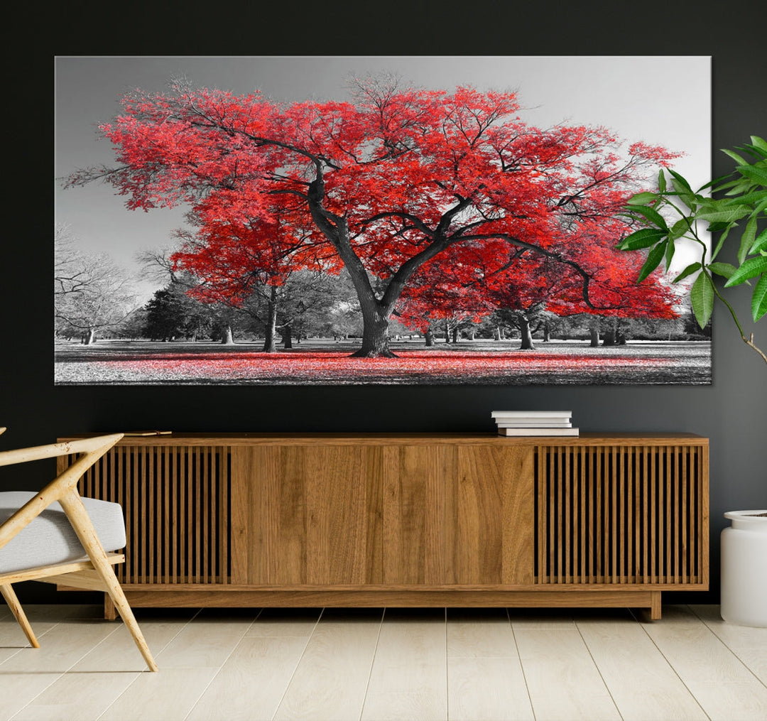 Extra Large Red Autumn Tree Canvas Wall Art Print Autumn Art Black and White Nature Photo Art Tree