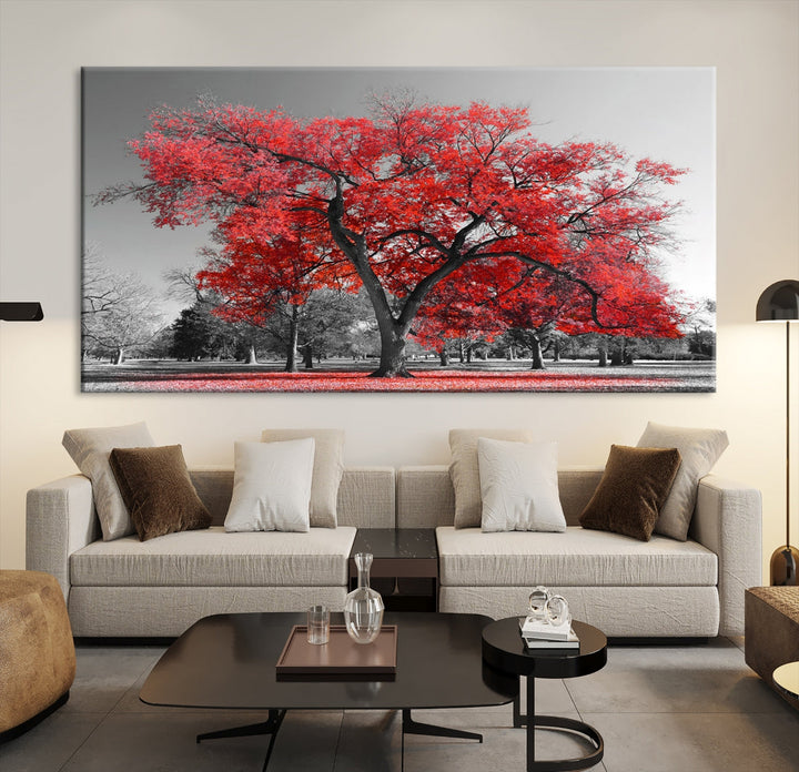 Extra Large Red Autumn Tree Canvas Wall Art Print Autumn Art Black and White Nature Photo Art Tree