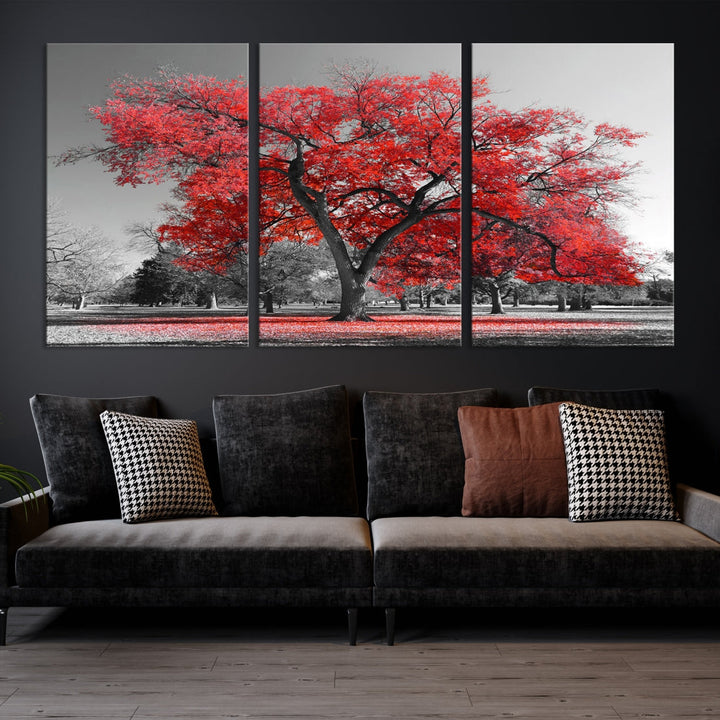 Extra Large Red Autumn Tree Canvas Wall Art Print Autumn Art Black and White Nature Photo Art Tree