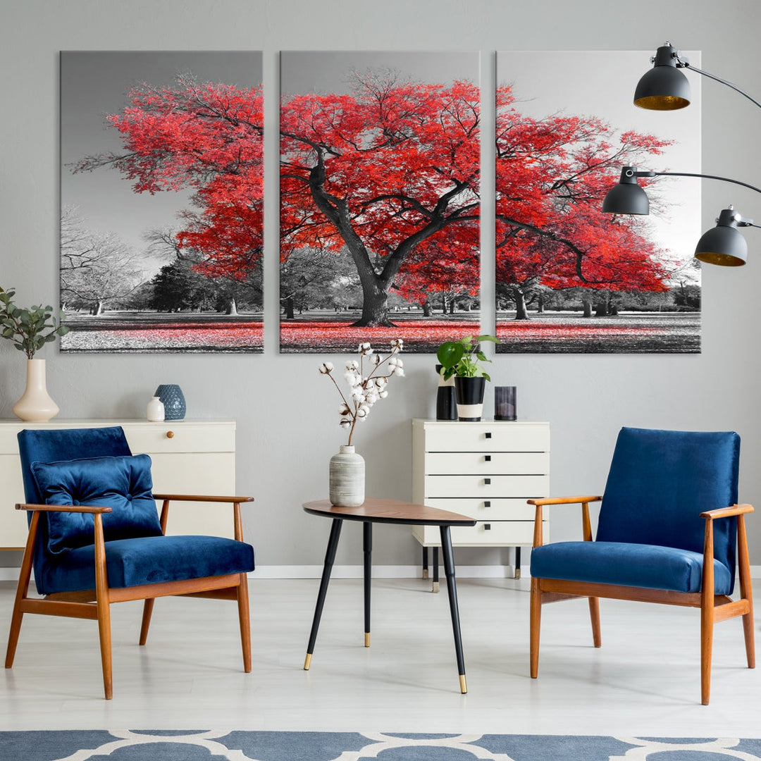 Extra Large Red Autumn Tree Canvas Wall Art Print Autumn Art Black and White Nature Photo Art Tree