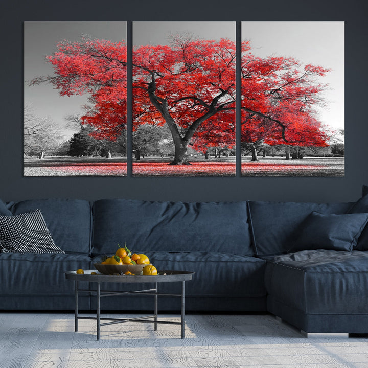 Extra Large Red Autumn Tree Canvas Wall Art Print Autumn Art Black and White Nature Photo Art Tree