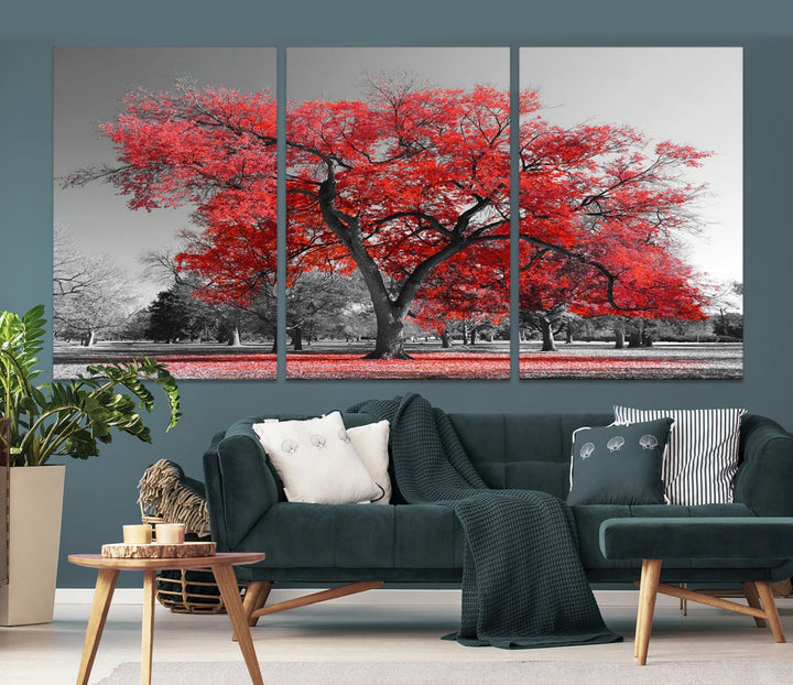 Extra Large Red Autumn Tree Canvas Wall Art Print Autumn Art Black and White Nature Photo Art Tree