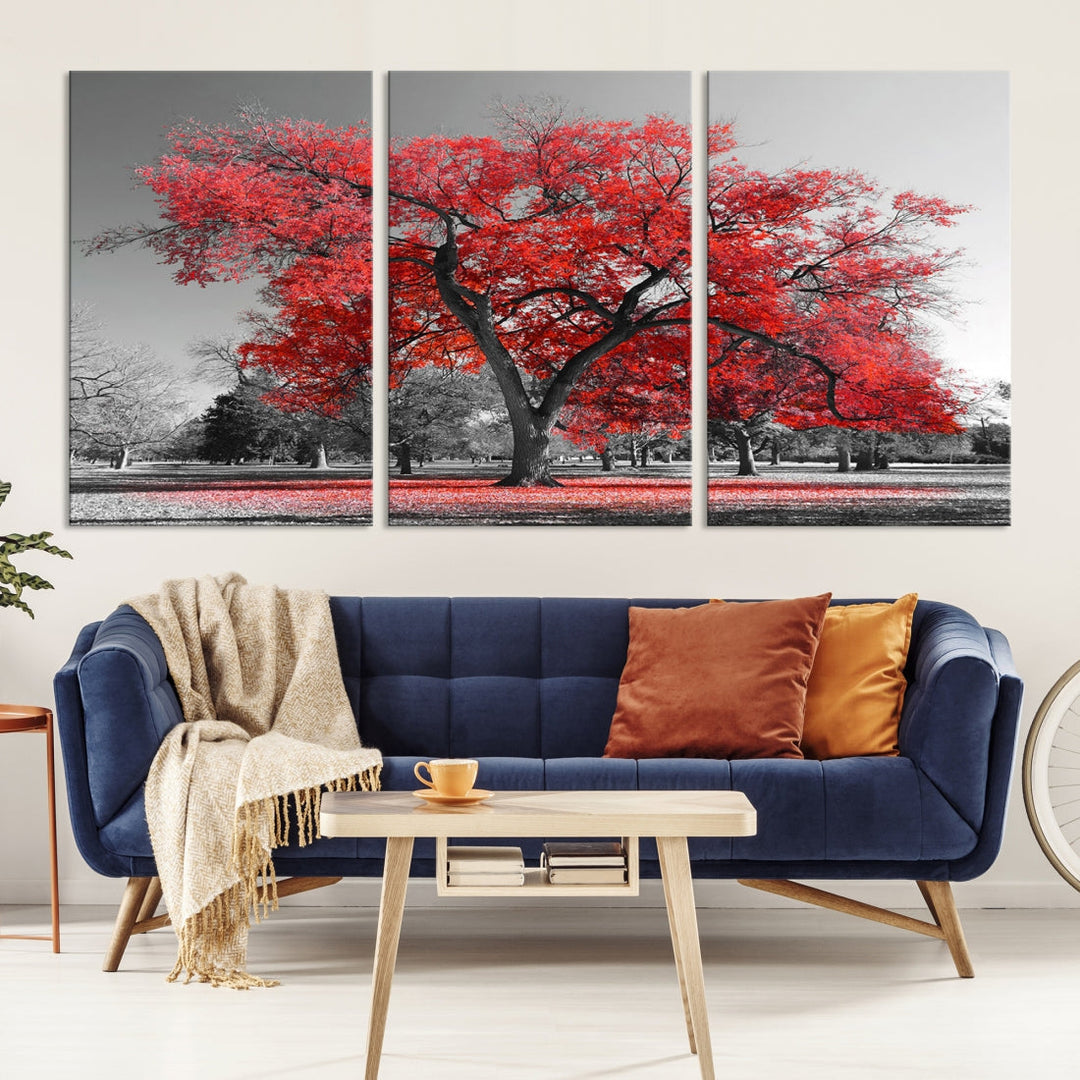 Extra Large Red Autumn Tree Canvas Wall Art Print Autumn Art Black and White Nature Photo Art Tree