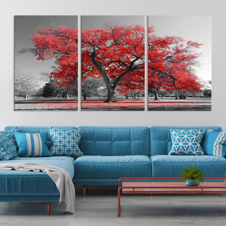 Extra Large Red Autumn Tree Canvas Wall Art Print Autumn Art Black and White Nature Photo Art Tree