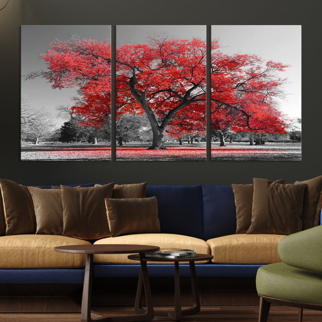 Extra Large Red Autumn Tree Canvas Wall Art Print Autumn Art Black and White Nature Photo Art Tree