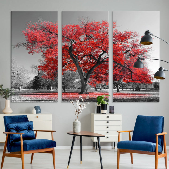 Extra Large Red Autumn Tree Canvas Wall Art Print Autumn Art Black and White Nature Photo Art Tree