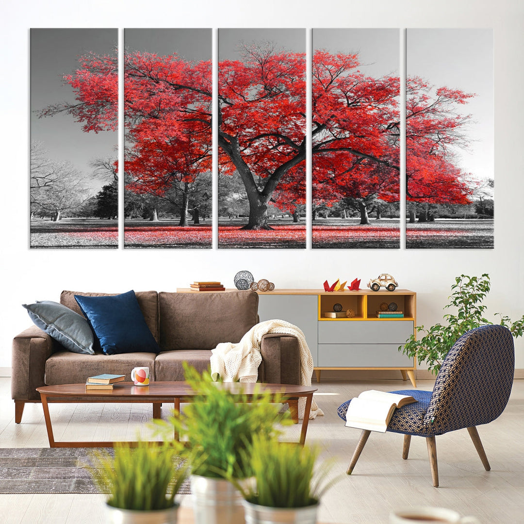 Extra Large Red Autumn Tree Canvas Wall Art Print Autumn Art Black and White Nature Photo Art Tree