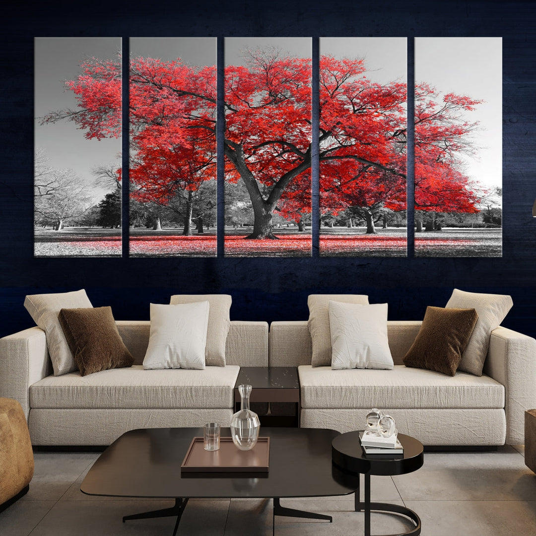 Extra Large Red Autumn Tree Canvas Wall Art Print Autumn Art Black and White Nature Photo Art Tree