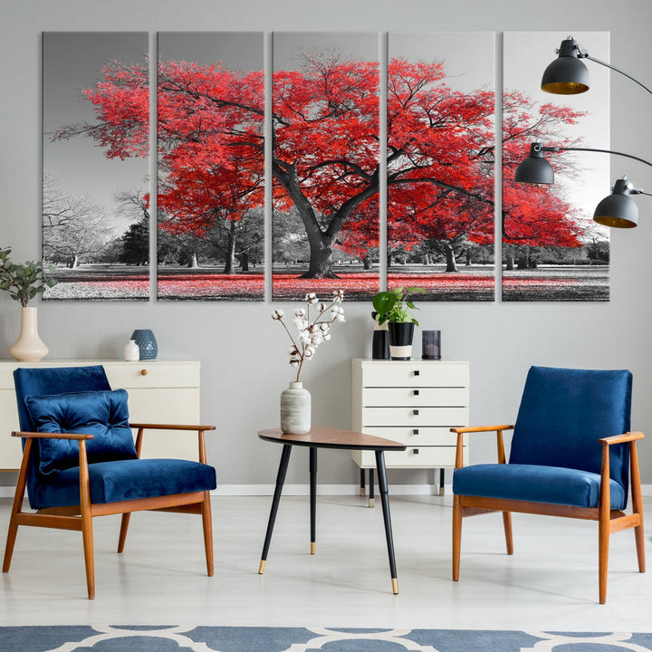 Extra Large Red Autumn Tree Canvas Wall Art Print Autumn Art Black and White Nature Photo Art Tree