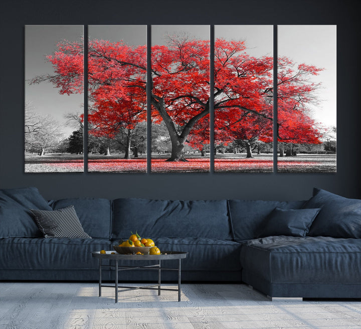 Extra Large Red Autumn Tree Canvas Wall Art Print Autumn Art Black and White Nature Photo Art Tree