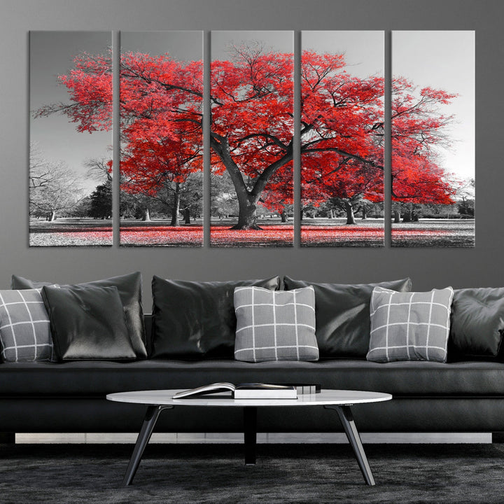 Extra Large Red Autumn Tree Canvas Wall Art Print Autumn Art Black and White Nature Photo Art Tree