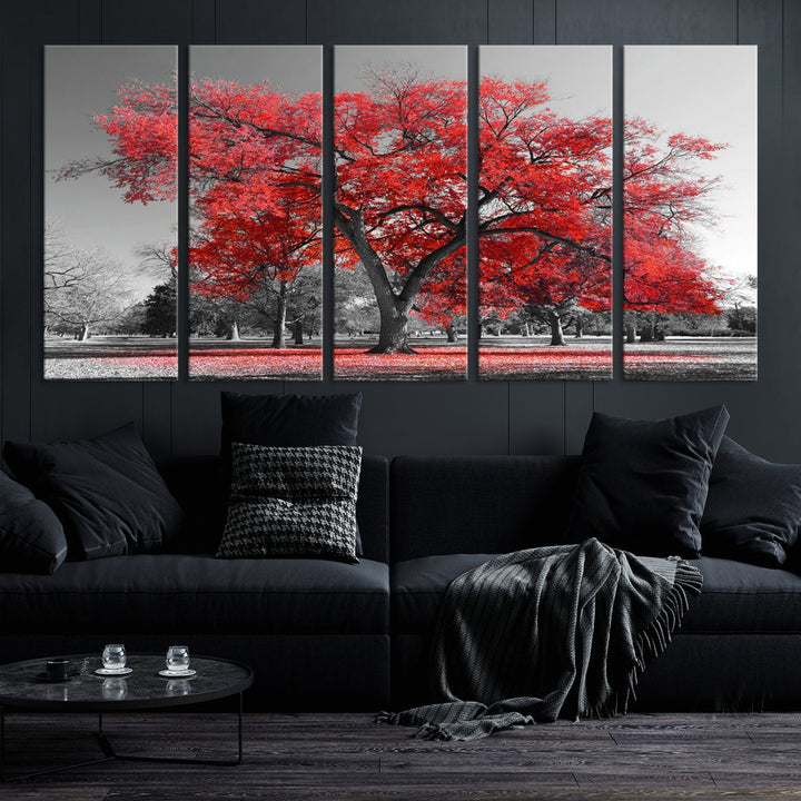 Extra Large Red Autumn Tree Canvas Wall Art Print Autumn Art Black and White Nature Photo Art Tree