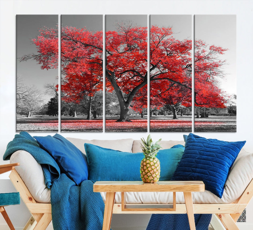 Extra Large Red Autumn Tree Canvas Wall Art Print Autumn Art Black and White Nature Photo Art Tree