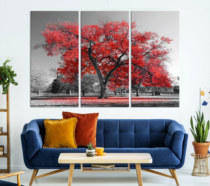 Extra Large Red Autumn Tree Canvas Wall Art Print Autumn Art Black and White Nature Photo Art Tree