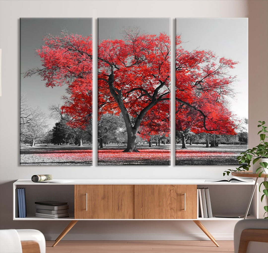 Extra Large Red Autumn Tree Canvas Wall Art Print Autumn Art Black and White Nature Photo Art Tree