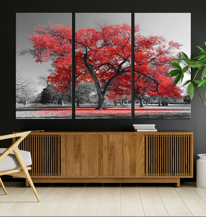 Extra Large Red Autumn Tree Canvas Wall Art Print Autumn Art Black and White Nature Photo Art Tree